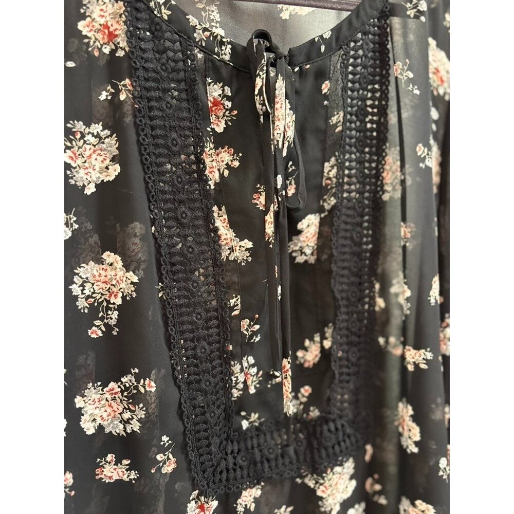 Black Rainn Semi-Sheer Black Floral Drawstring Bell Sleeve Crotched Lace Size L - Picture 4 of 13